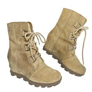 Sorel Joan of Arctic Wedge II Leather High Top Lace Up Lug Sole Boots Tan 8